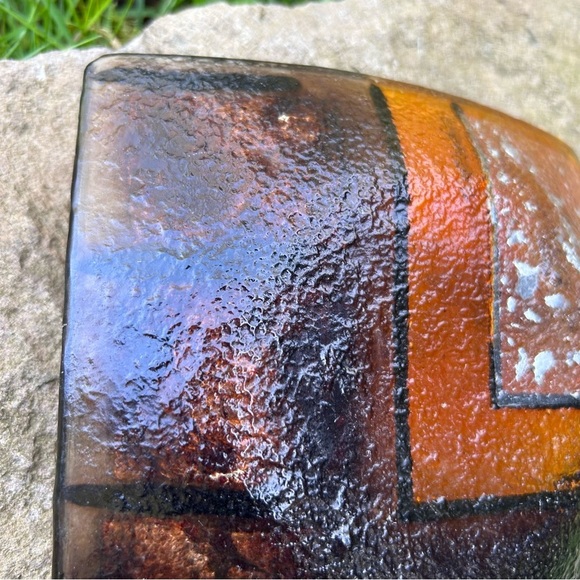 VINTAGE MCM 70s Glass 6" Square Ashtray Trinket Red Orange Silver Abstract Tray - Picture 9 of 11